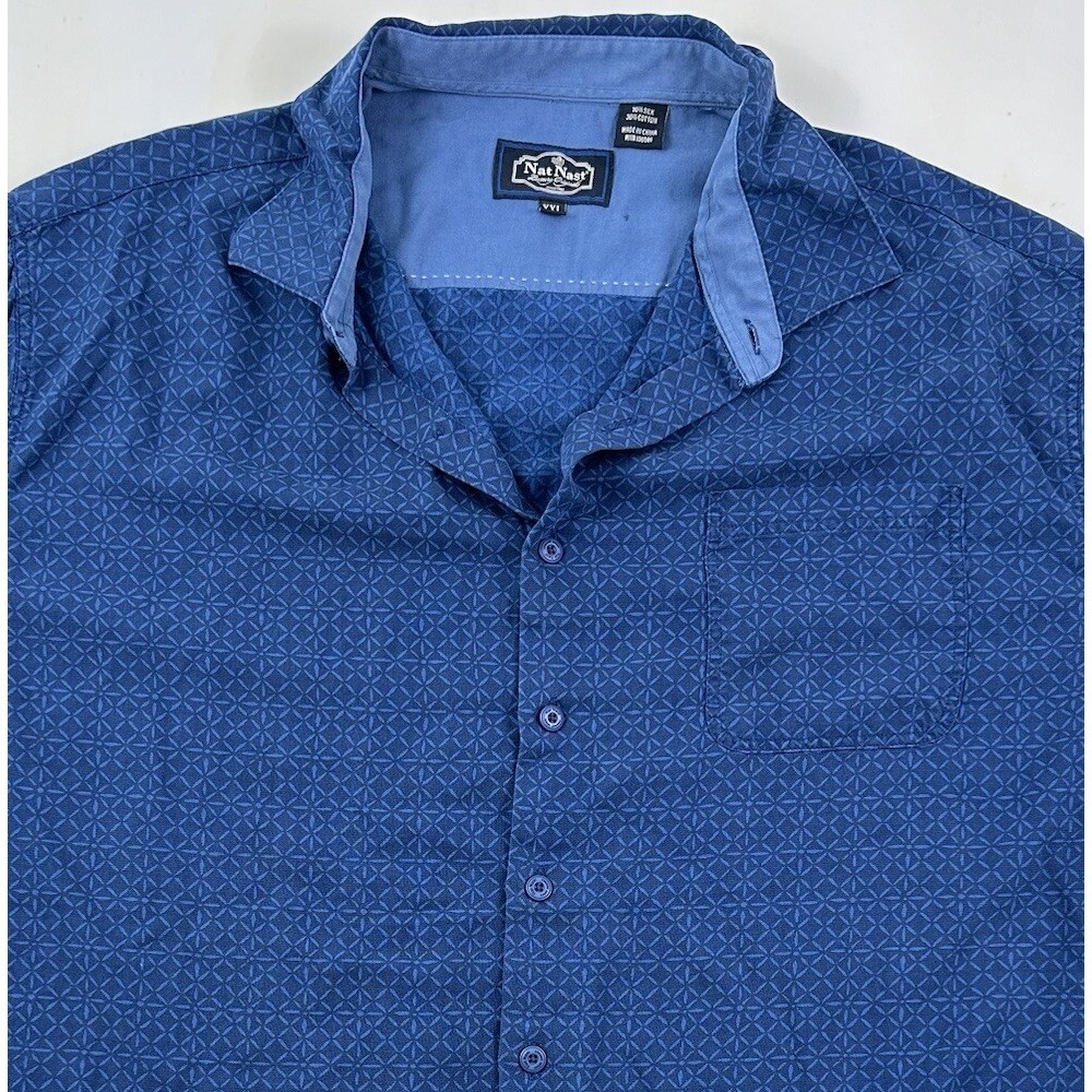 Nat Nast Mens Size XXL Blue Silk Cotton Shirt Short Sleeve Hawaiian Diamond Camp